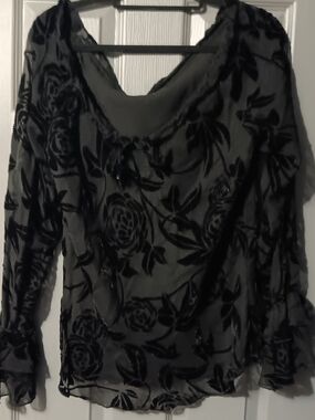 Anne Carson Black Floral Burnout Sheer Long-Sleeve Blouse